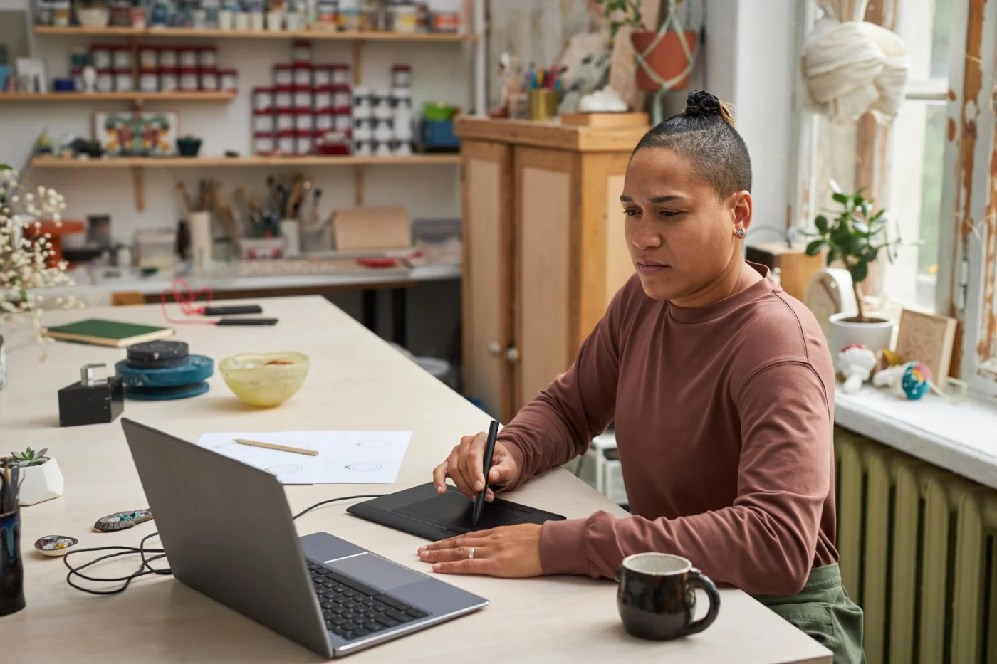 A freelancer working in a studio workshop