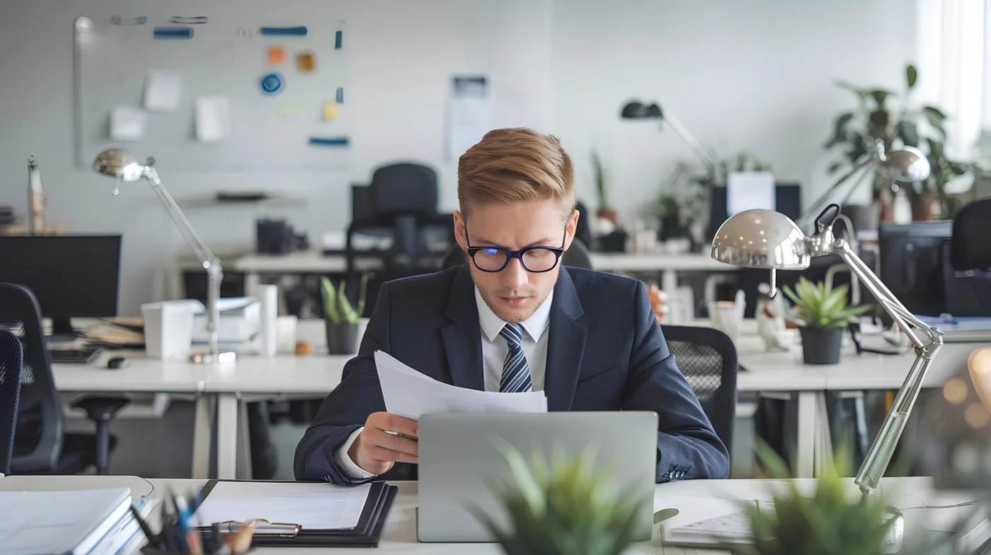 A person reviewing paperwork and figures at a desk