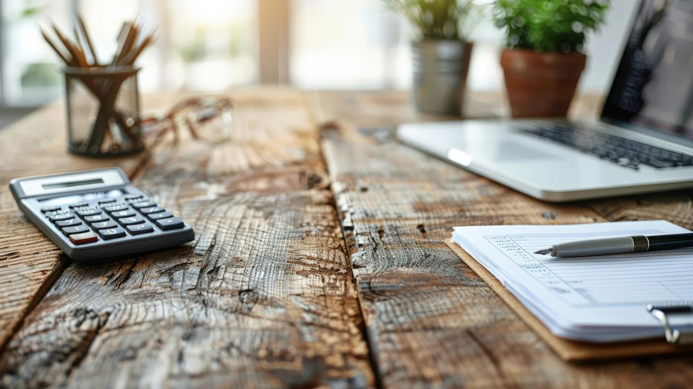 A desk with calculator and notes for managing company money
