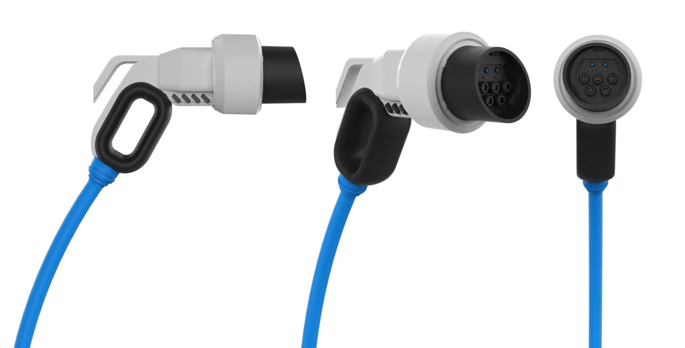 An electric car charging cable plugged into a company car