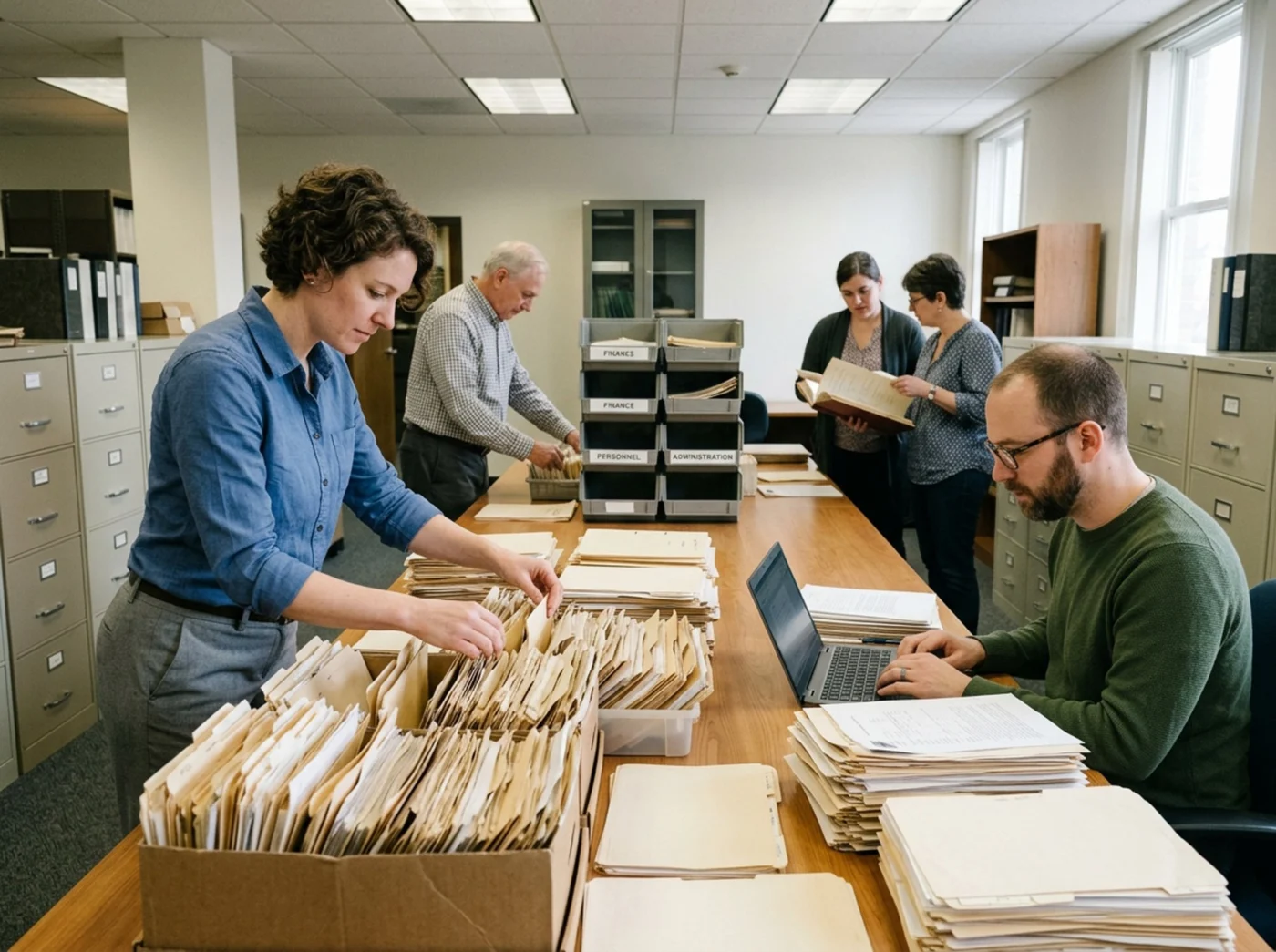 Team organising files in an office archive, document management